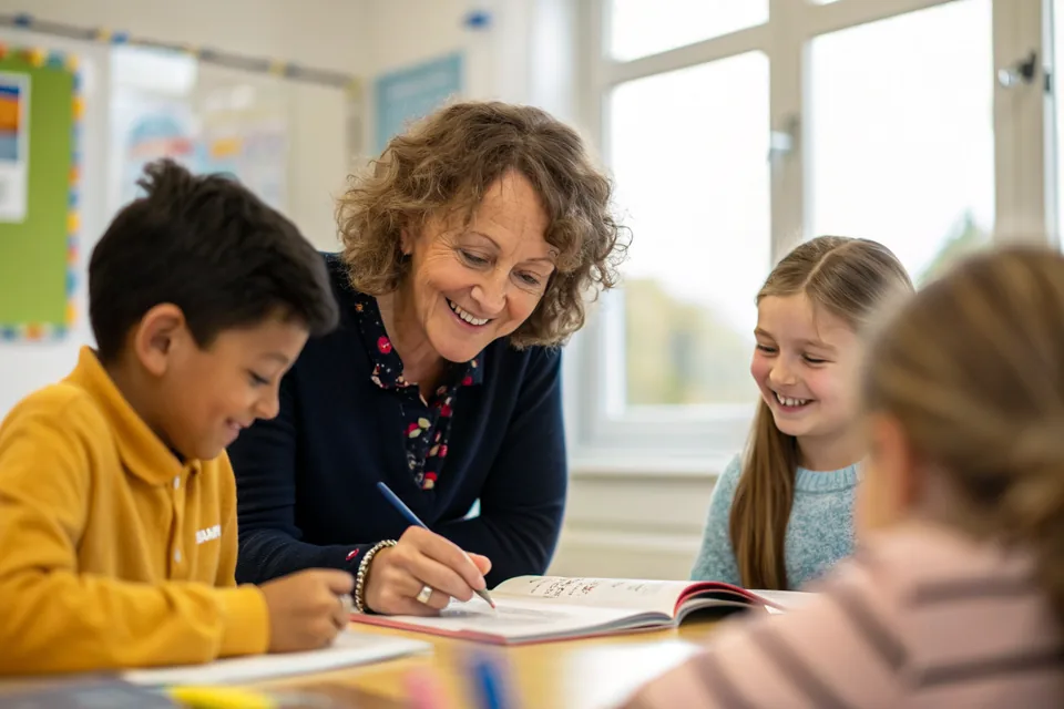 An experienced teacher guiding a small group of children through practice questions