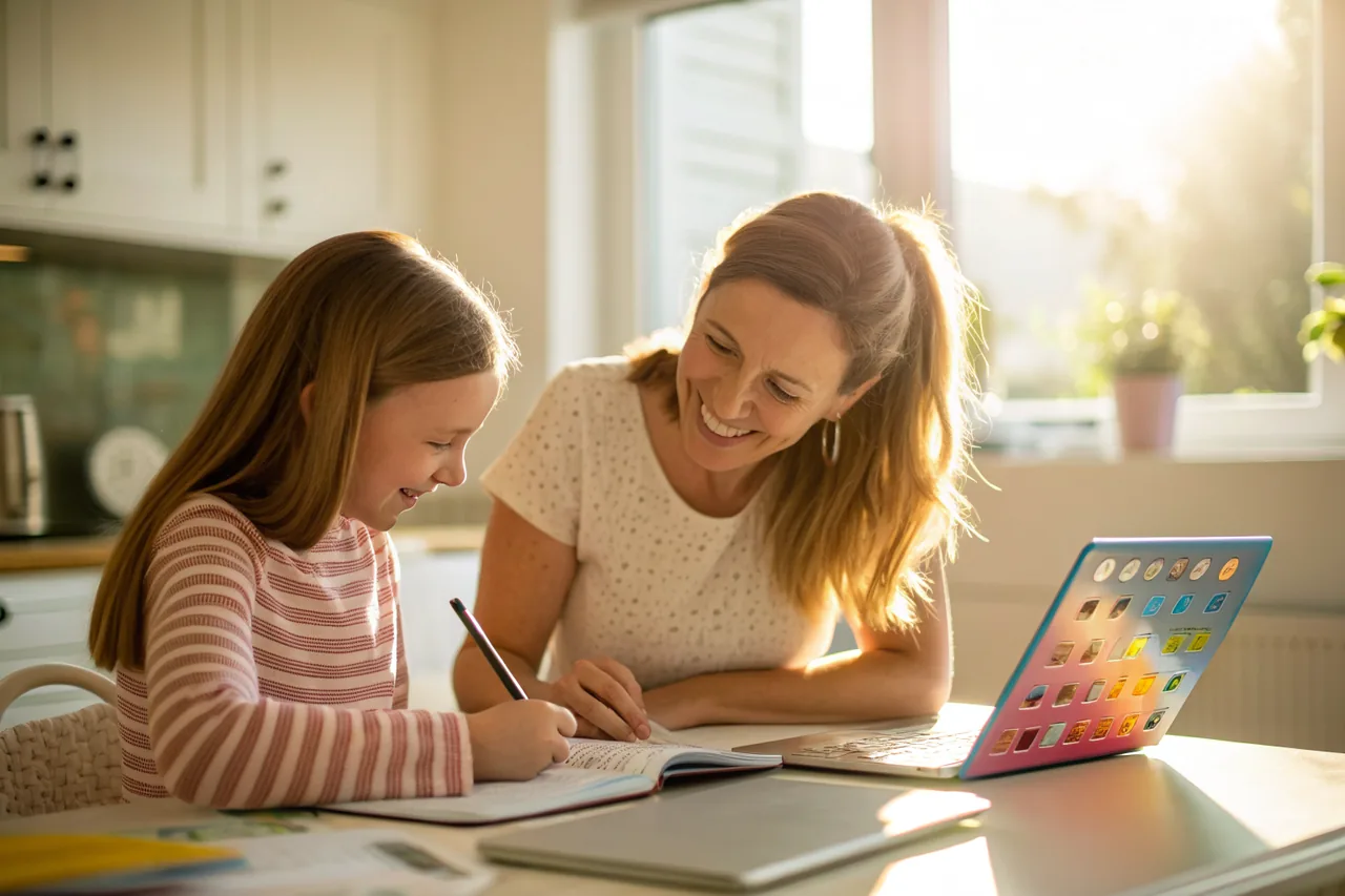 A mum and her daughter smiling as they practise 11+ questions together at the kitchen table